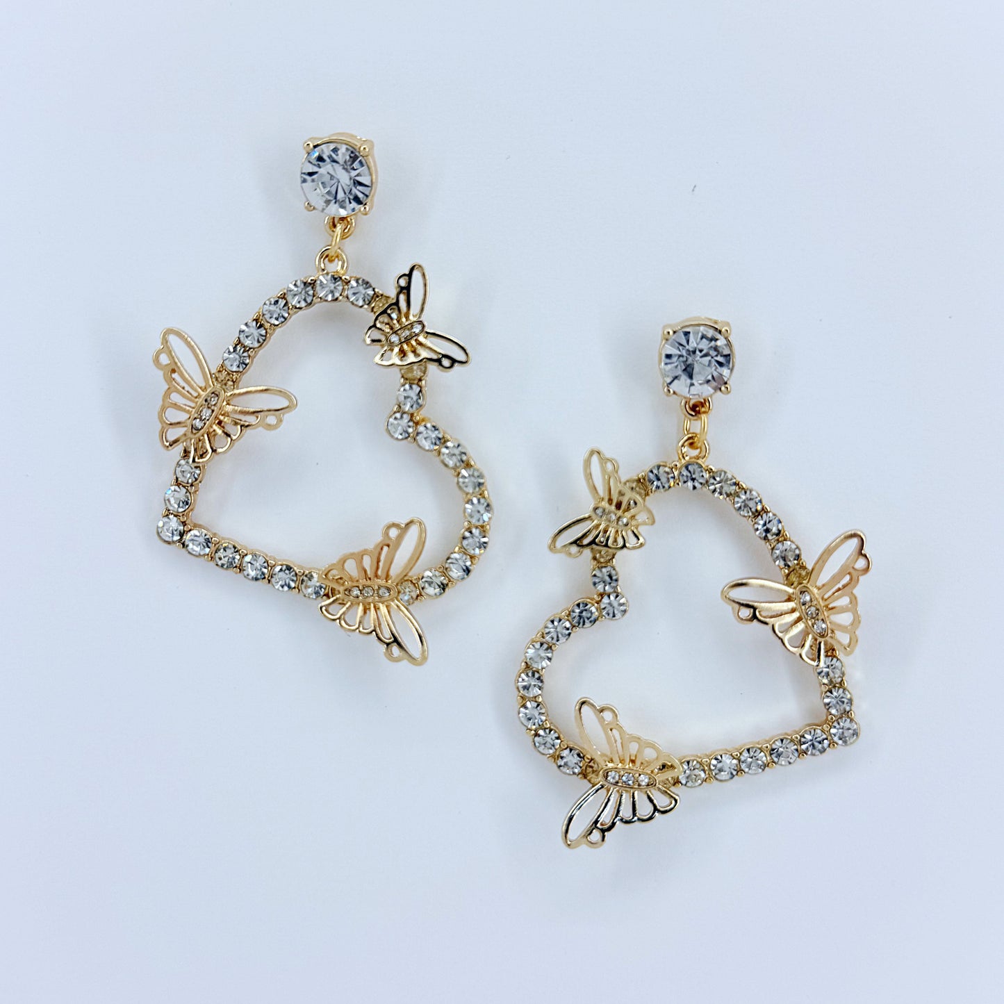 Rhinestone Post Back With Heart Shape Rhinestones Design And Butterfly Dangle