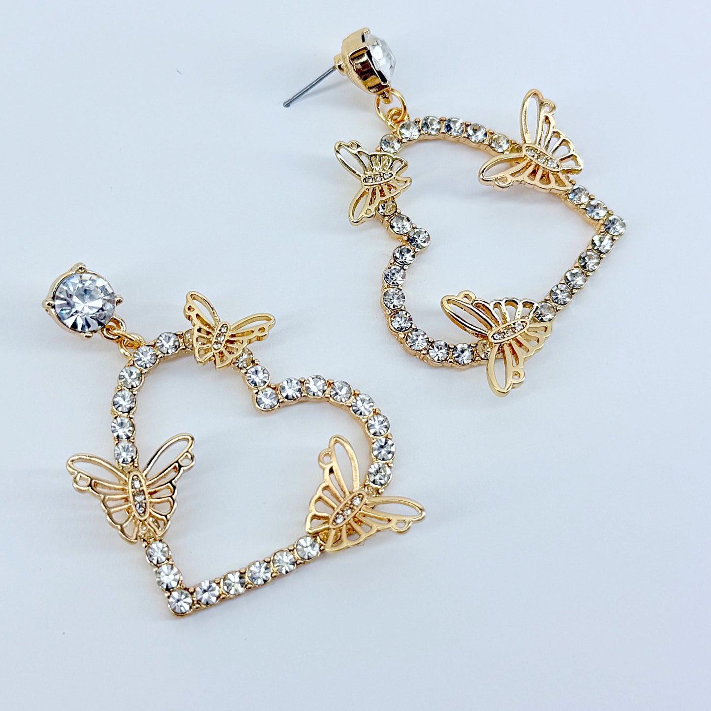 Rhinestone Post Back With Heart Shape Rhinestones Design And Butterfly Dangle