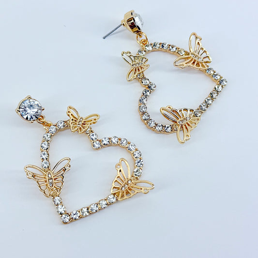 Rhinestone Post Back With Heart Shape Rhinestones Design And Butterfly Dangle