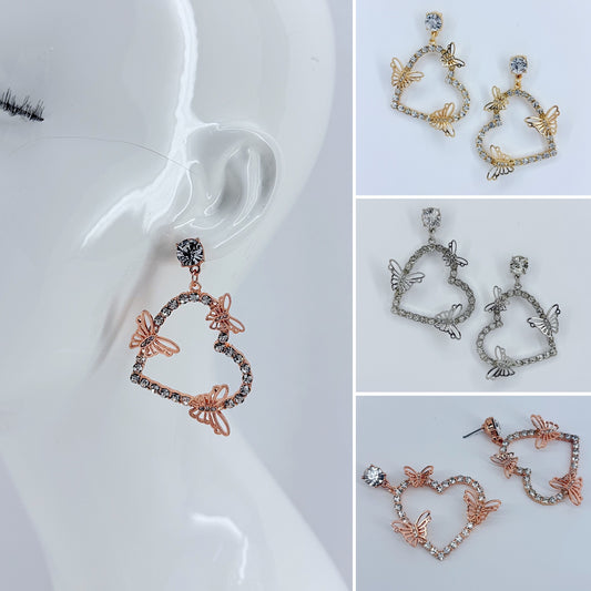 Rhinestone Post Back With Heart Shape Rhinestones Design And Butterfly Dangle