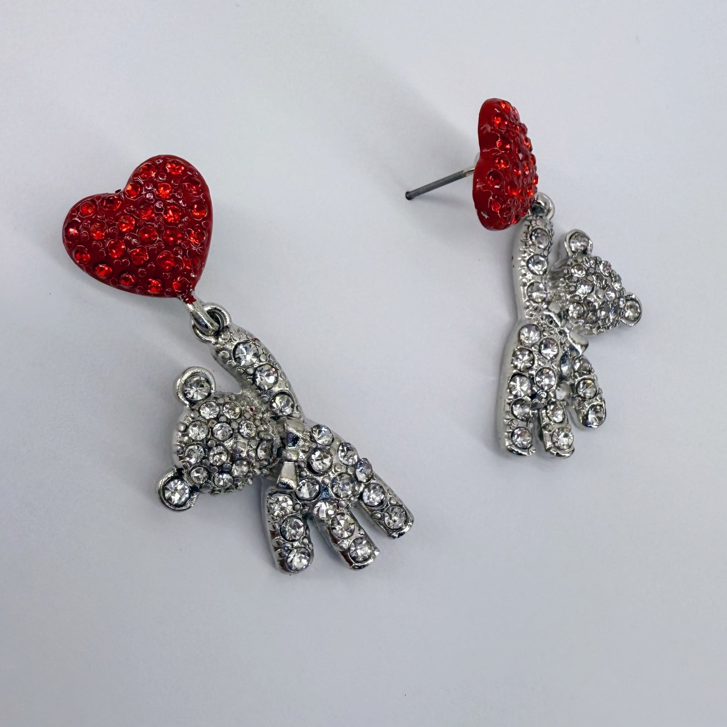 Red Heart Shape Post Back Earring With Teddy Bear Rhinestones Dangle