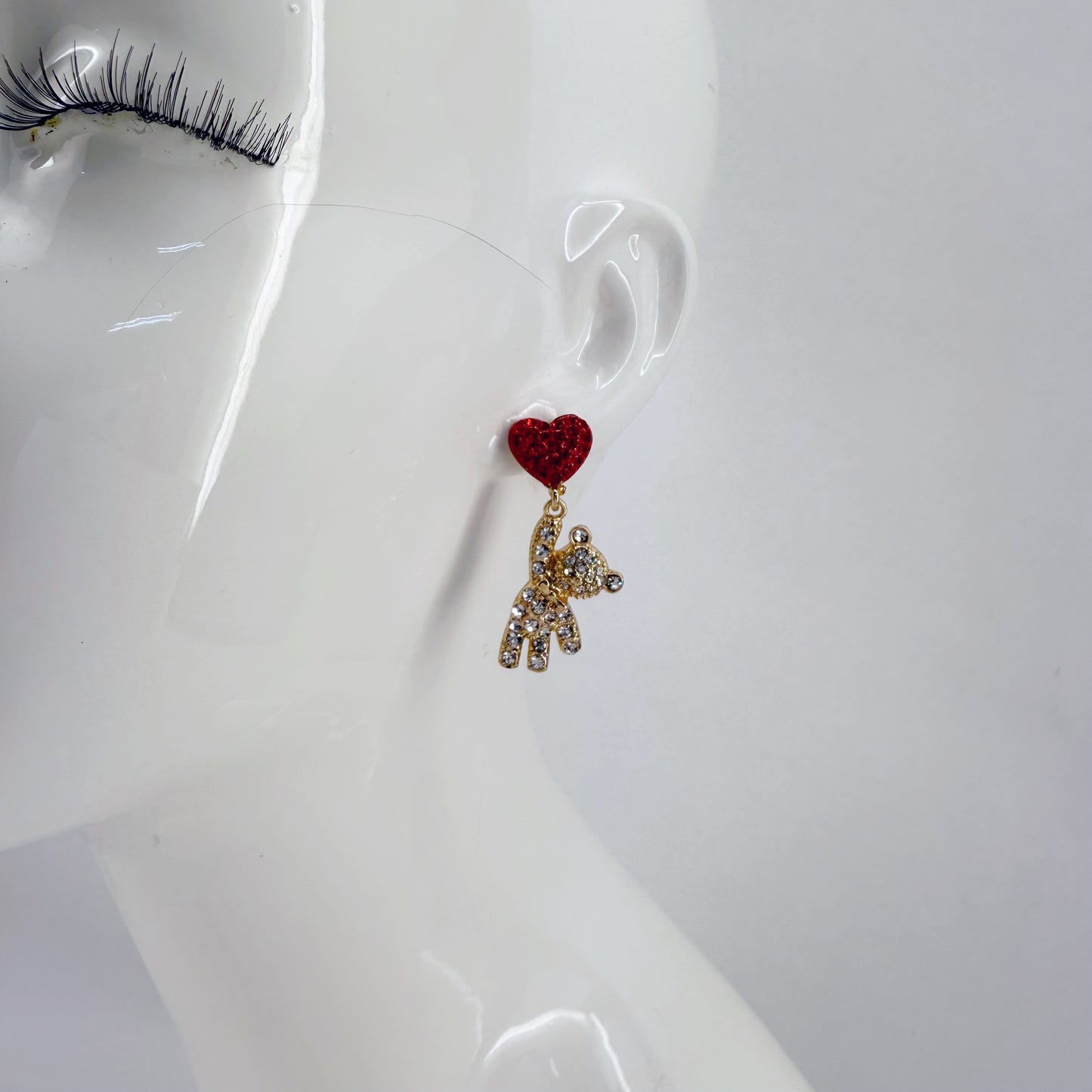 Red Heart Shape Post Back Earring With Teddy Bear Rhinestones Dangle