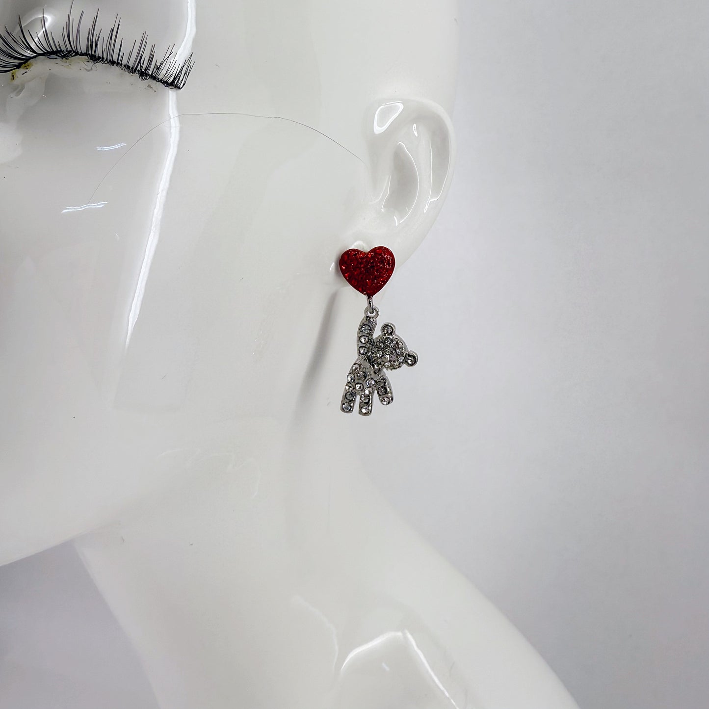 Red Heart Shape Post Back Earring With Teddy Bear Rhinestones Dangle