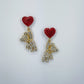 Red Heart Shape Post Back Earring With Teddy Bear Rhinestones Dangle