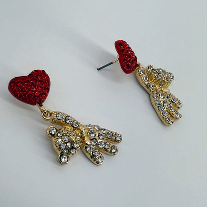 Red Heart Shape Post Back Earring With Teddy Bear Rhinestones Dangle
