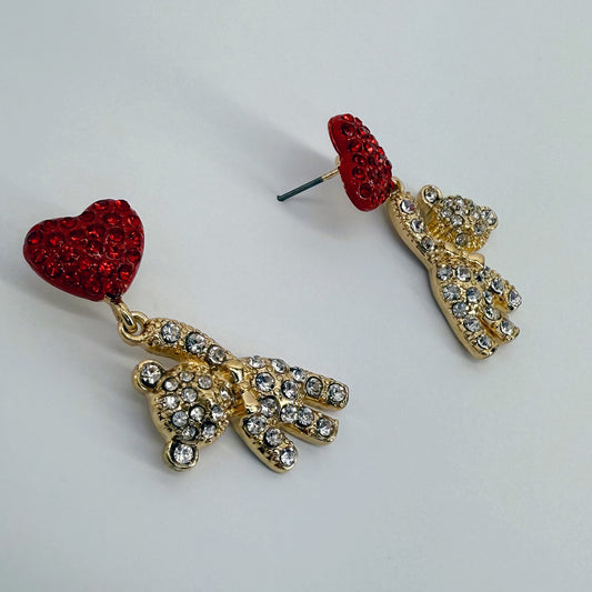 Red Heart Shape Post Back Earring With Teddy Bear Rhinestones Dangle