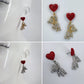 Red Heart Shape Post Back Earring With Teddy Bear Rhinestones Dangle