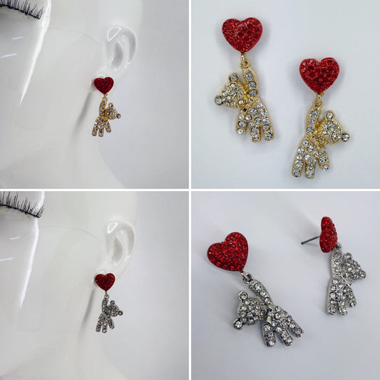 Red Heart Shape Post Back Earring With Teddy Bear Rhinestones Dangle