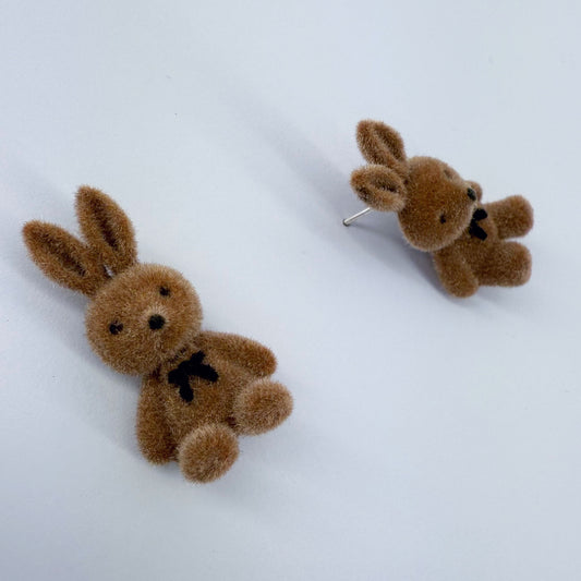 Velveteen Fluffy Bunny Silver Finish Stud Earrings