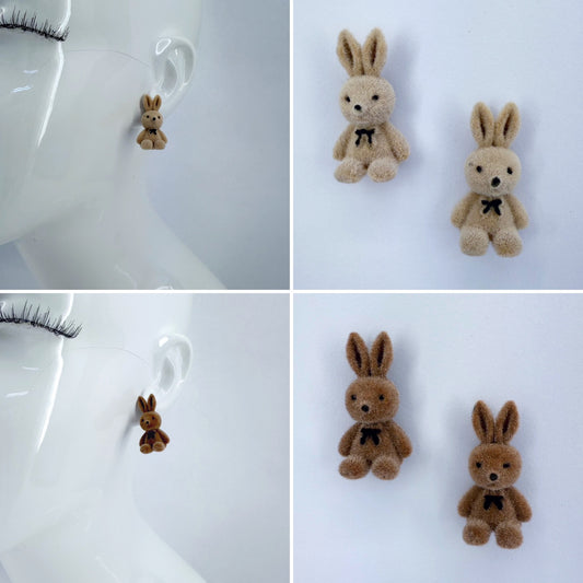 Velveteen Fluffy Bunny Silver Finish Stud Earrings