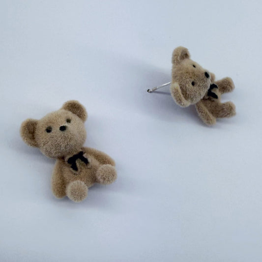 Velveteen Fluffy Teddy Bears Silver Finish Stud Earrings