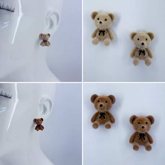 Velveteen Fluffy Teddy Bears Silver Finish Stud Earrings