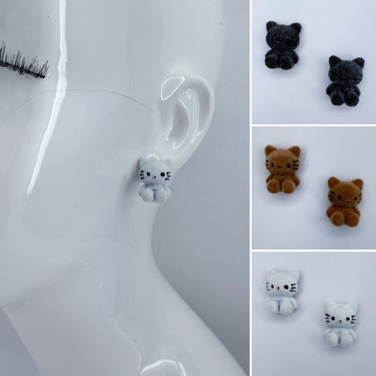 Velveteen Fluffy Kitty Cat Silver Finish Stud Earrings