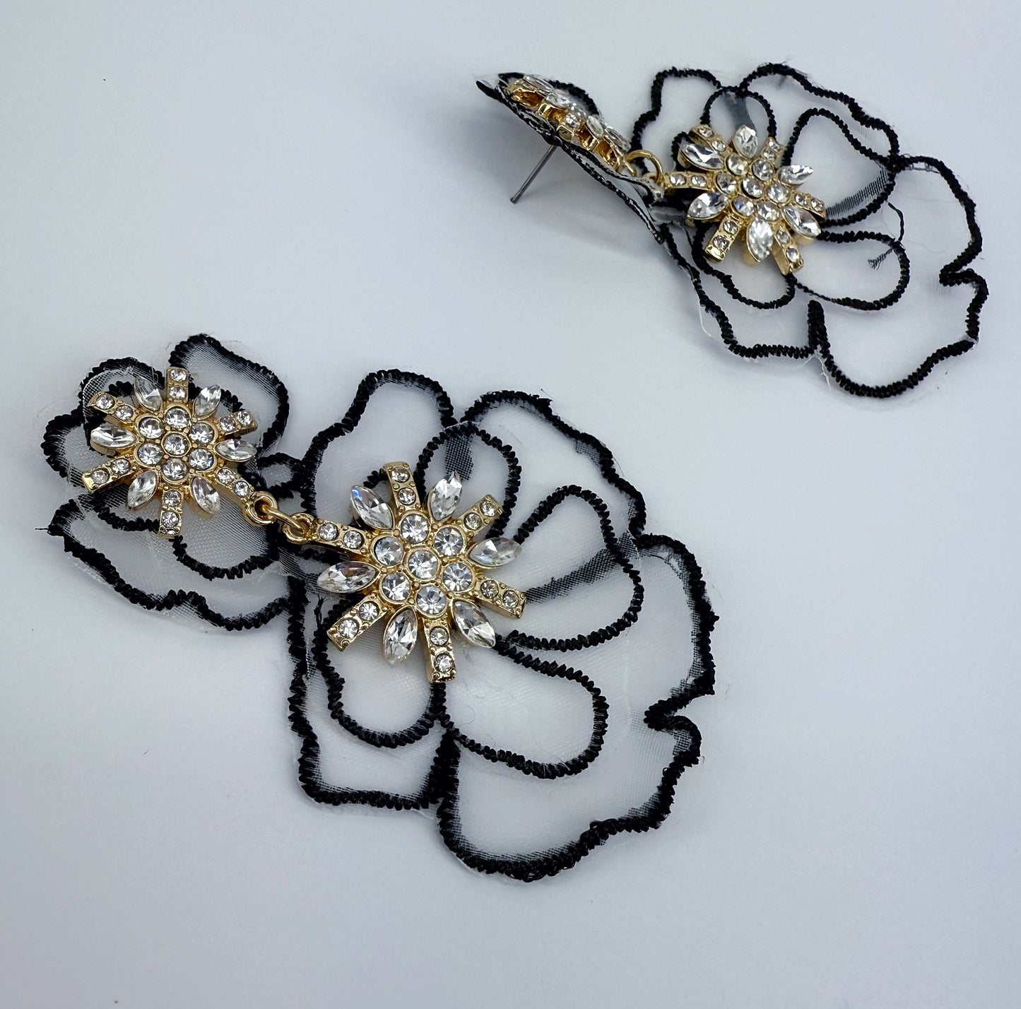 Gold Finish Fabric And Stones Flower Design Post Back Earrings