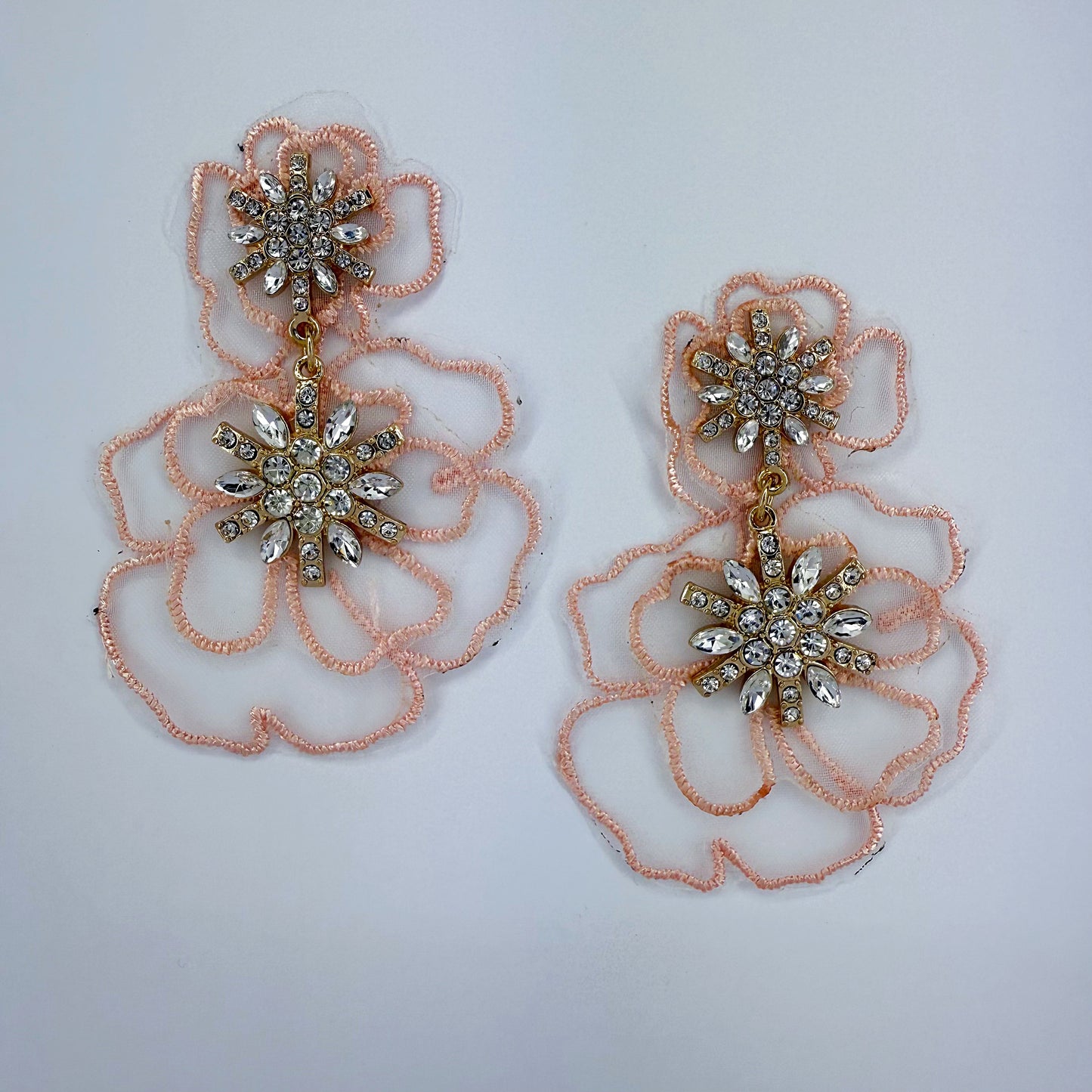 Gold Finish Fabric And Stones Flower Design Post Back Earrings