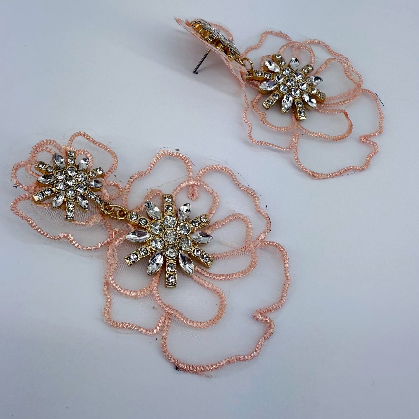 Gold Finish Fabric And Stones Flower Design Post Back Earrings