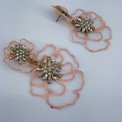 Gold Finish Fabric And Stones Flower Design Post Back Earrings