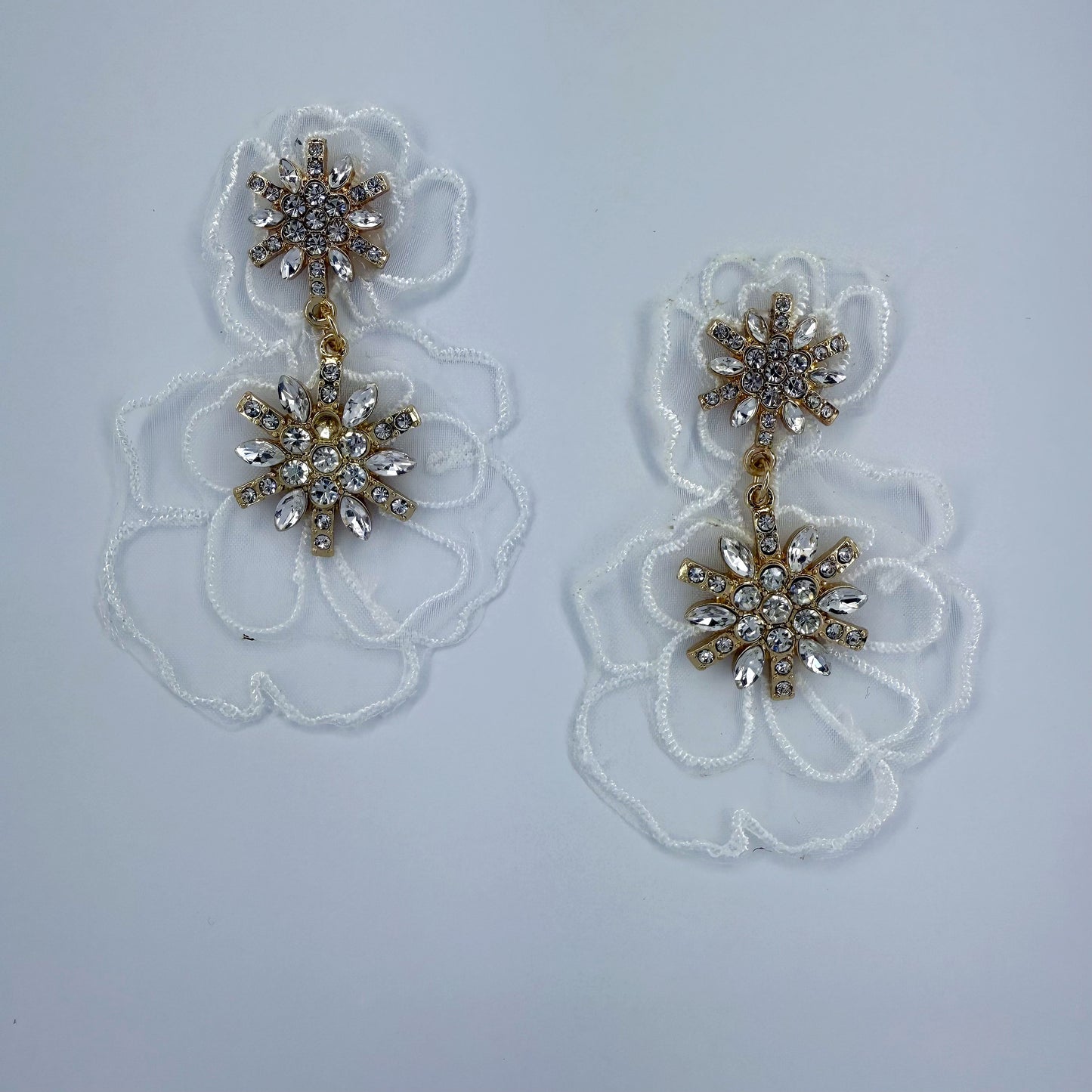 Gold Finish Fabric And Stones Flower Design Post Back Earrings