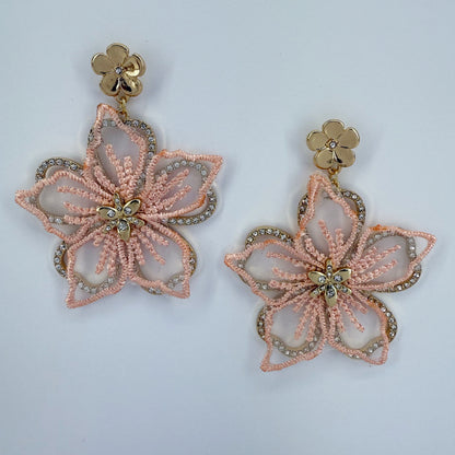 Fabric Flower and Rhinestone Gold Finish Post Back Earrings