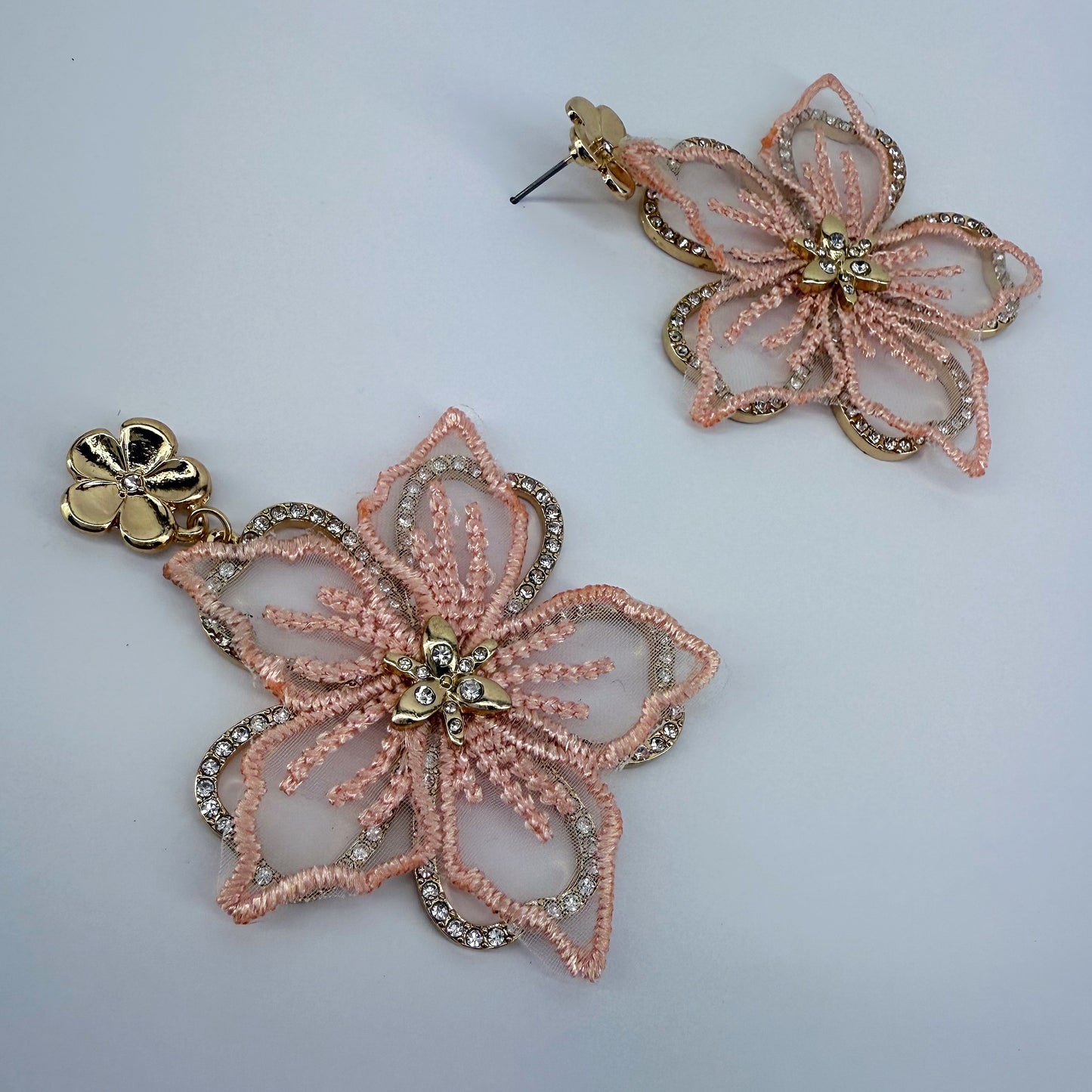 Fabric Flower and Rhinestone Gold Finish Post Back Earrings