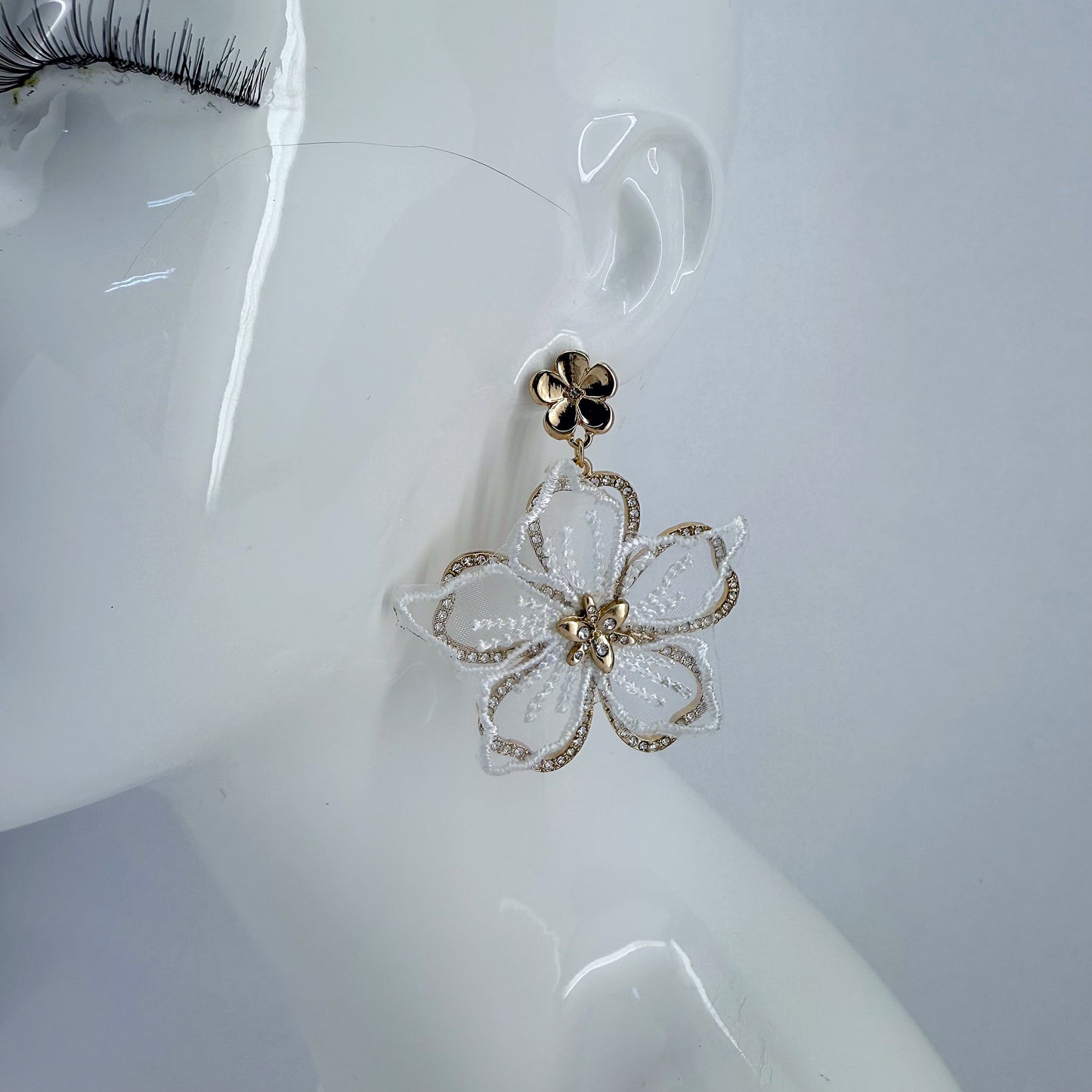 Fabric Flower and Rhinestone Gold Finish Post Back Earrings