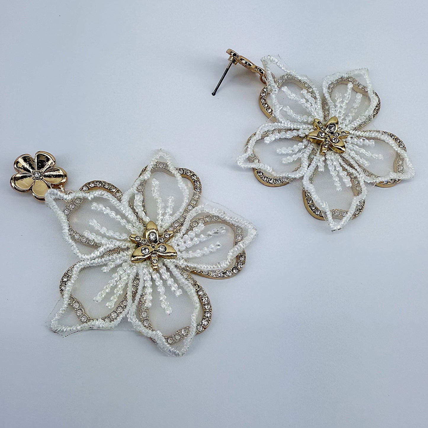 Fabric Flower and Rhinestone Gold Finish Post Back Earrings