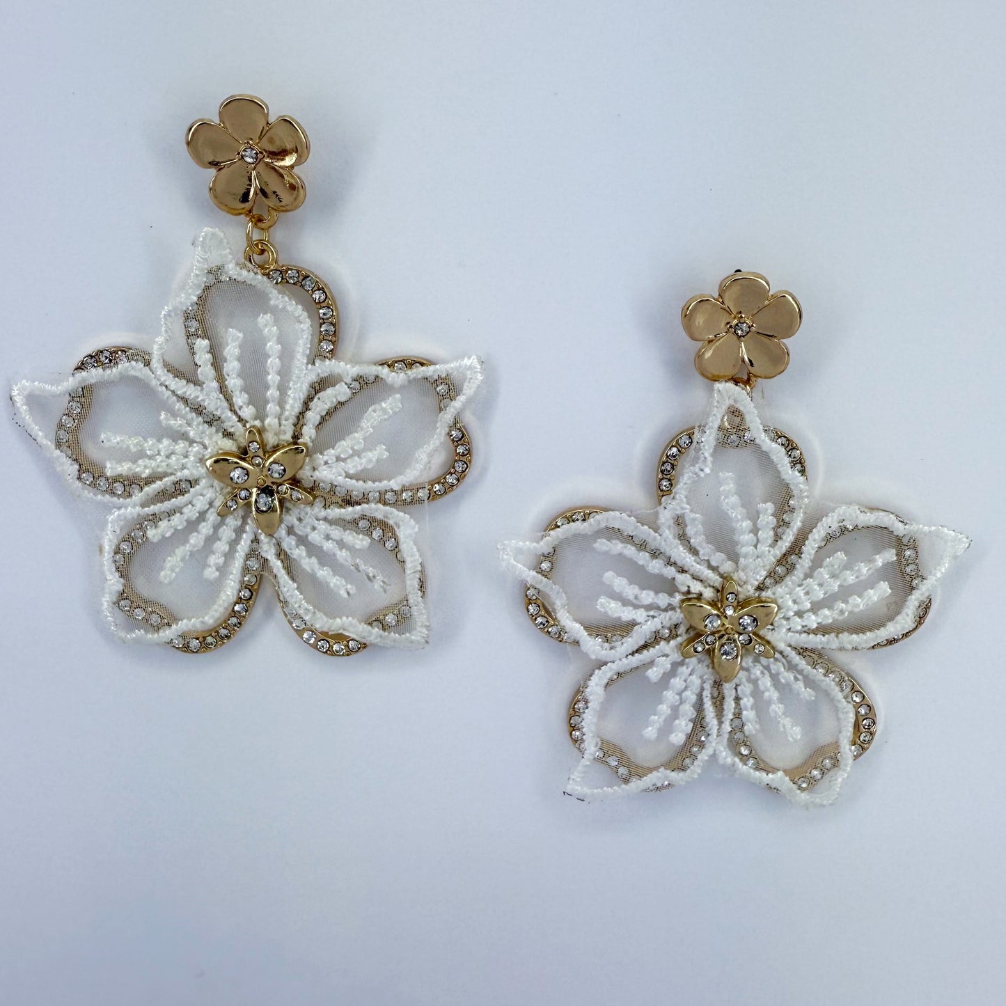Fabric Flower and Rhinestone Gold Finish Post Back Earrings