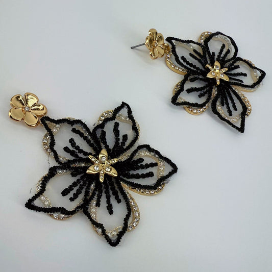 Fabric Flower and Rhinestone Gold Finish Post Back Earrings