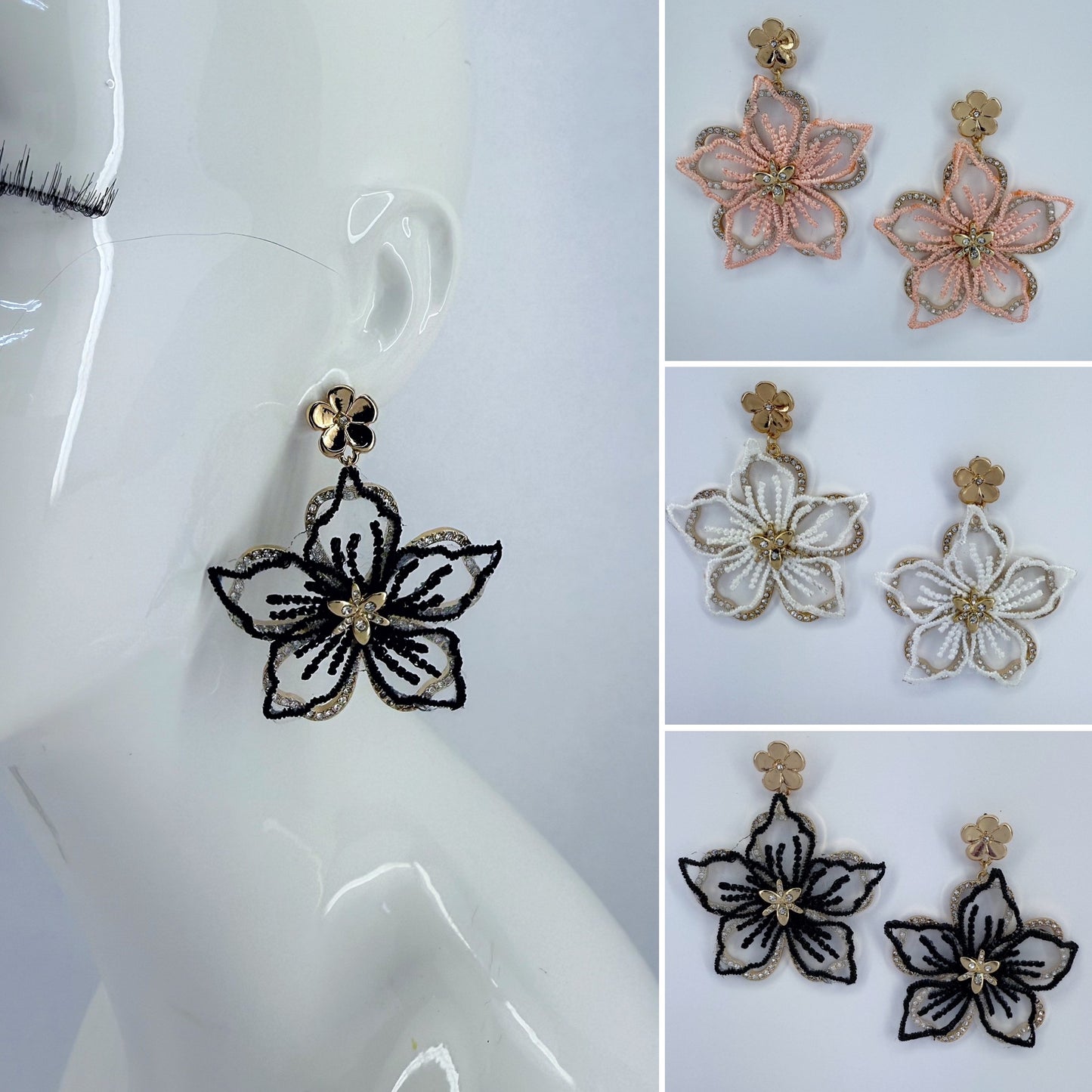 Fabric Flower and Rhinestone Gold Finish Post Back Earrings
