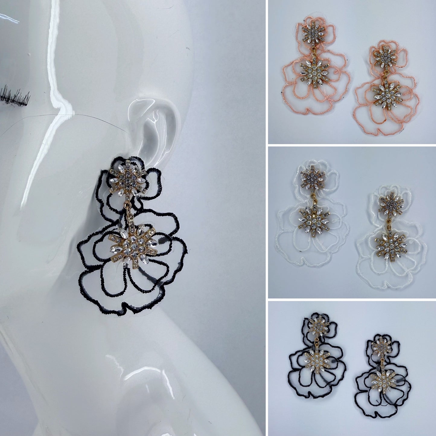 Gold Finish Fabric And Stones Flower Design Post Back Earrings