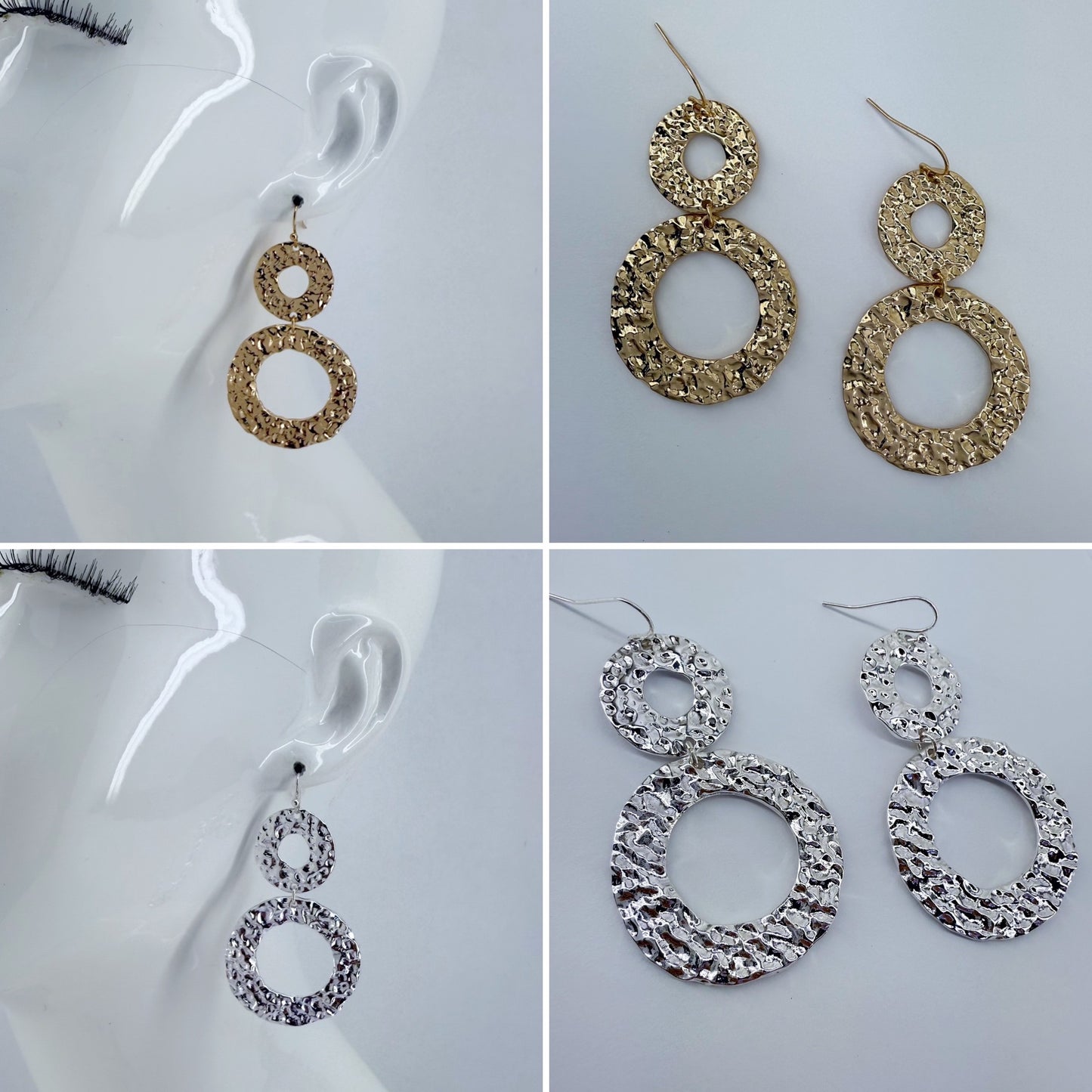 Gold Or Silver Finish Fish Hook Earrings With Tailored Hammered Texture Circles Design