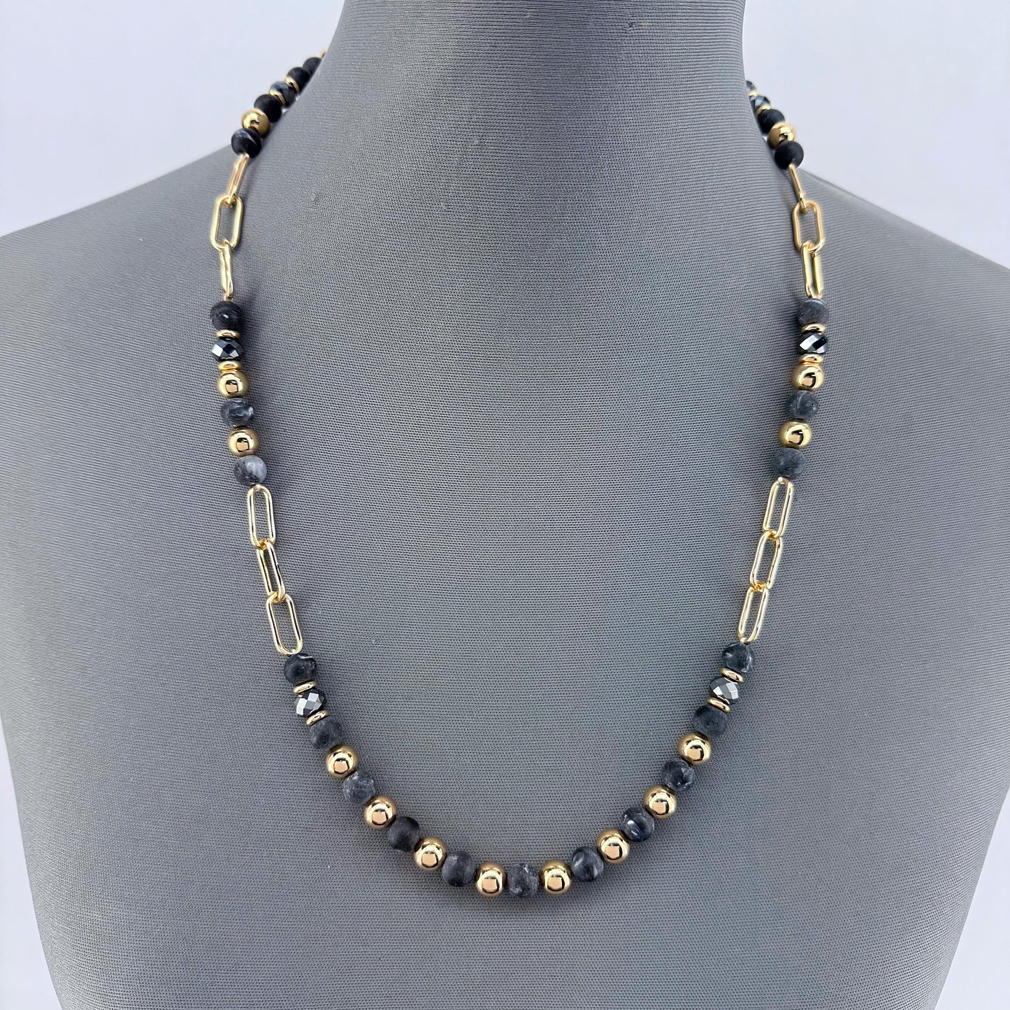 Tailored Bead With Paper Clip Chain Gold Finish Necklace