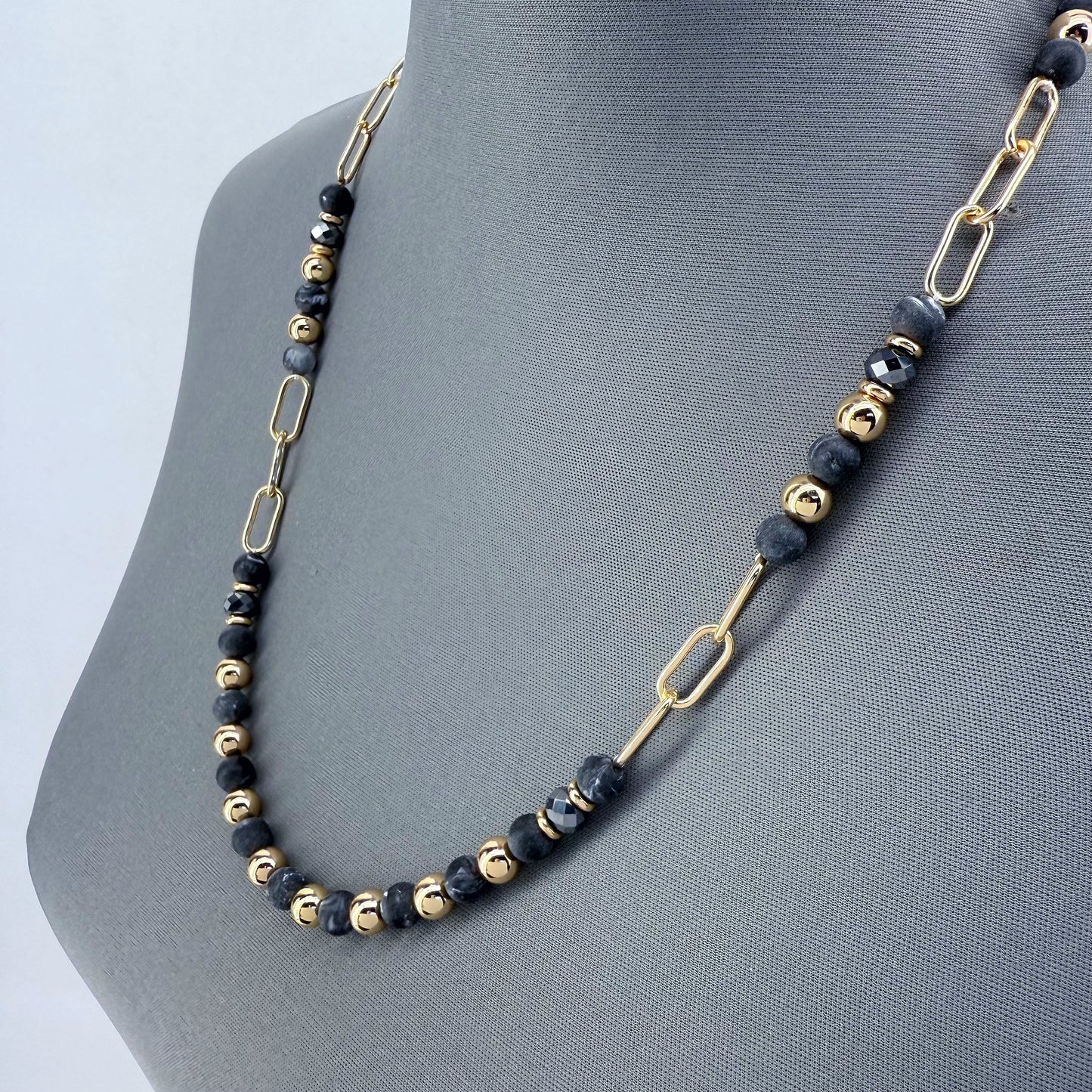 Tailored Bead With Paper Clip Chain Gold Finish Necklace