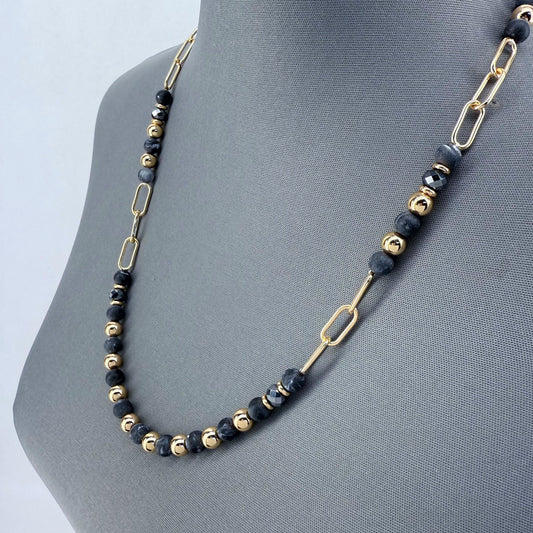 Tailored Bead With Paper Clip Chain Gold Finish Necklace