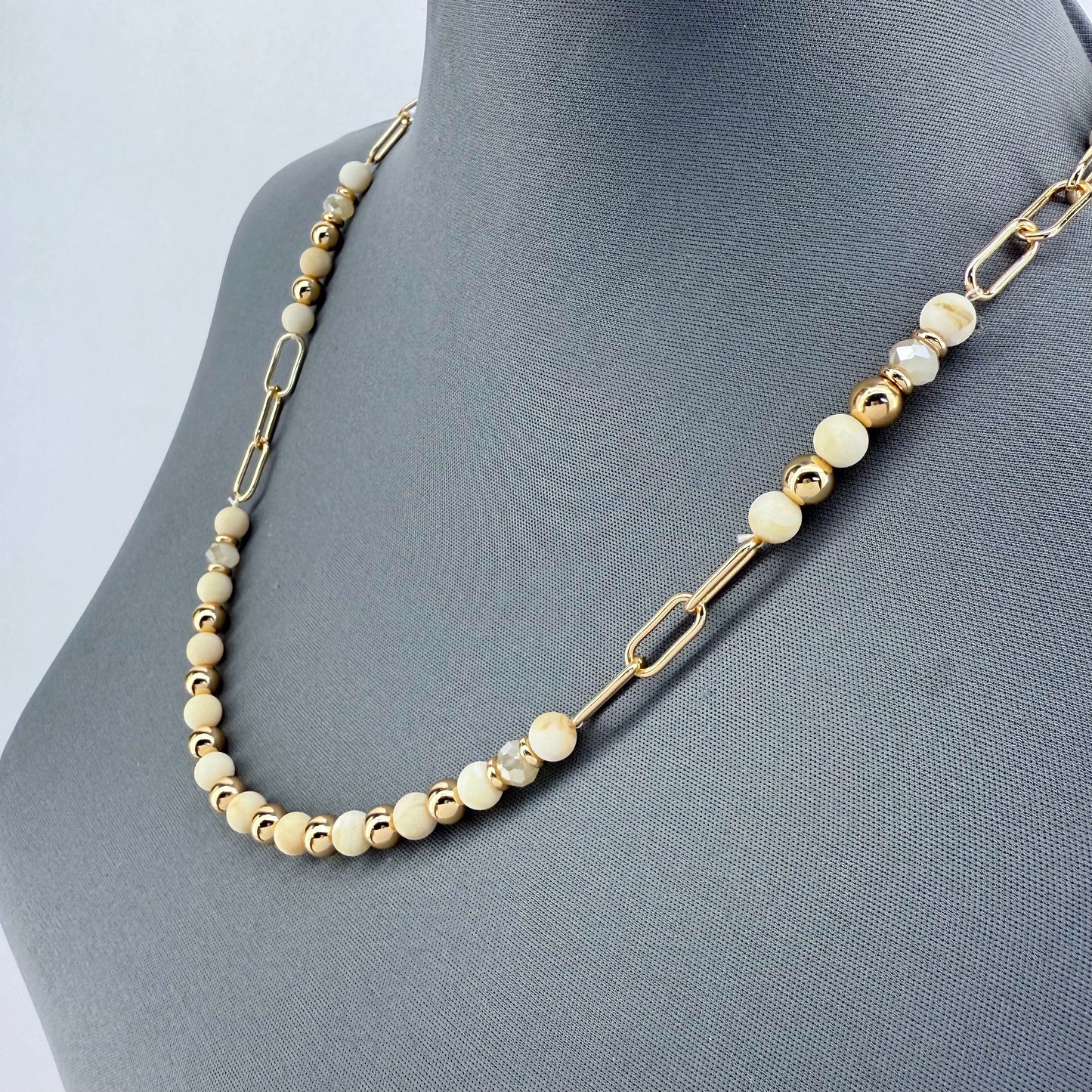 Tailored Bead With Paper Clip Chain Gold Finish Necklace
