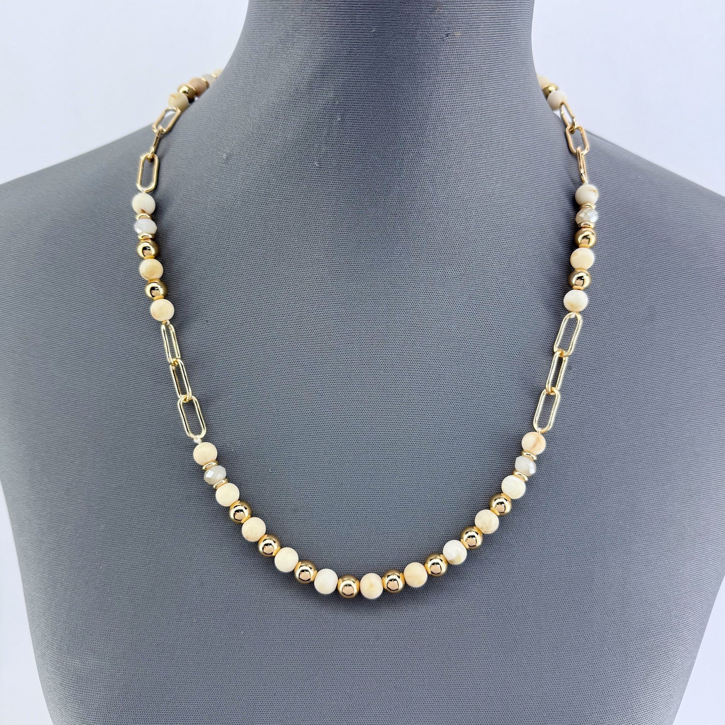 Tailored Bead With Paper Clip Chain Gold Finish Necklace