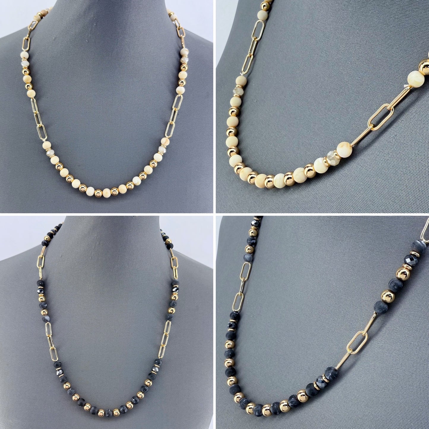 Tailored Bead With Paper Clip Chain Gold Finish Necklace