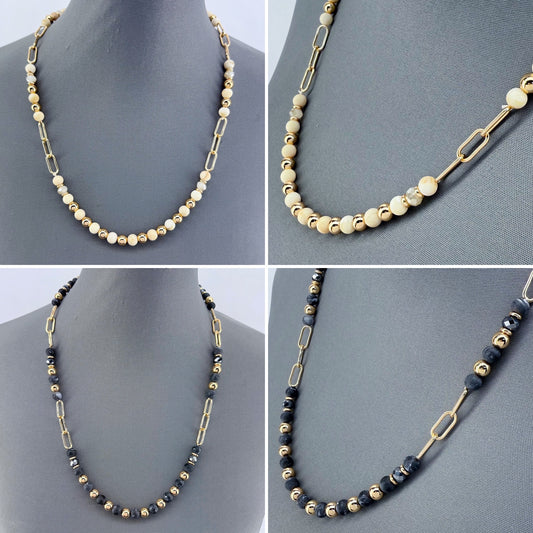 Tailored Bead With Paper Clip Chain Gold Finish Necklace