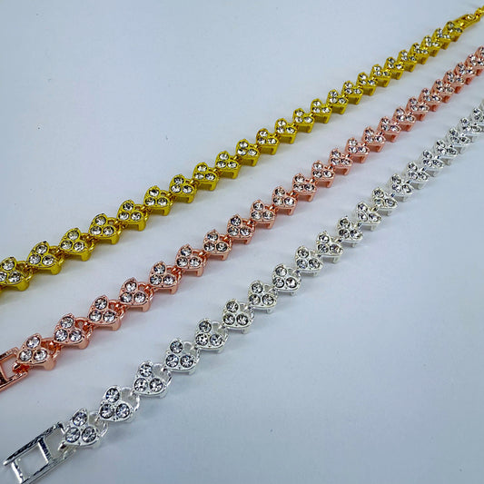 Triple Heart Chain Rhinestone Bracelets In Gold, Silver, or Rose Gold