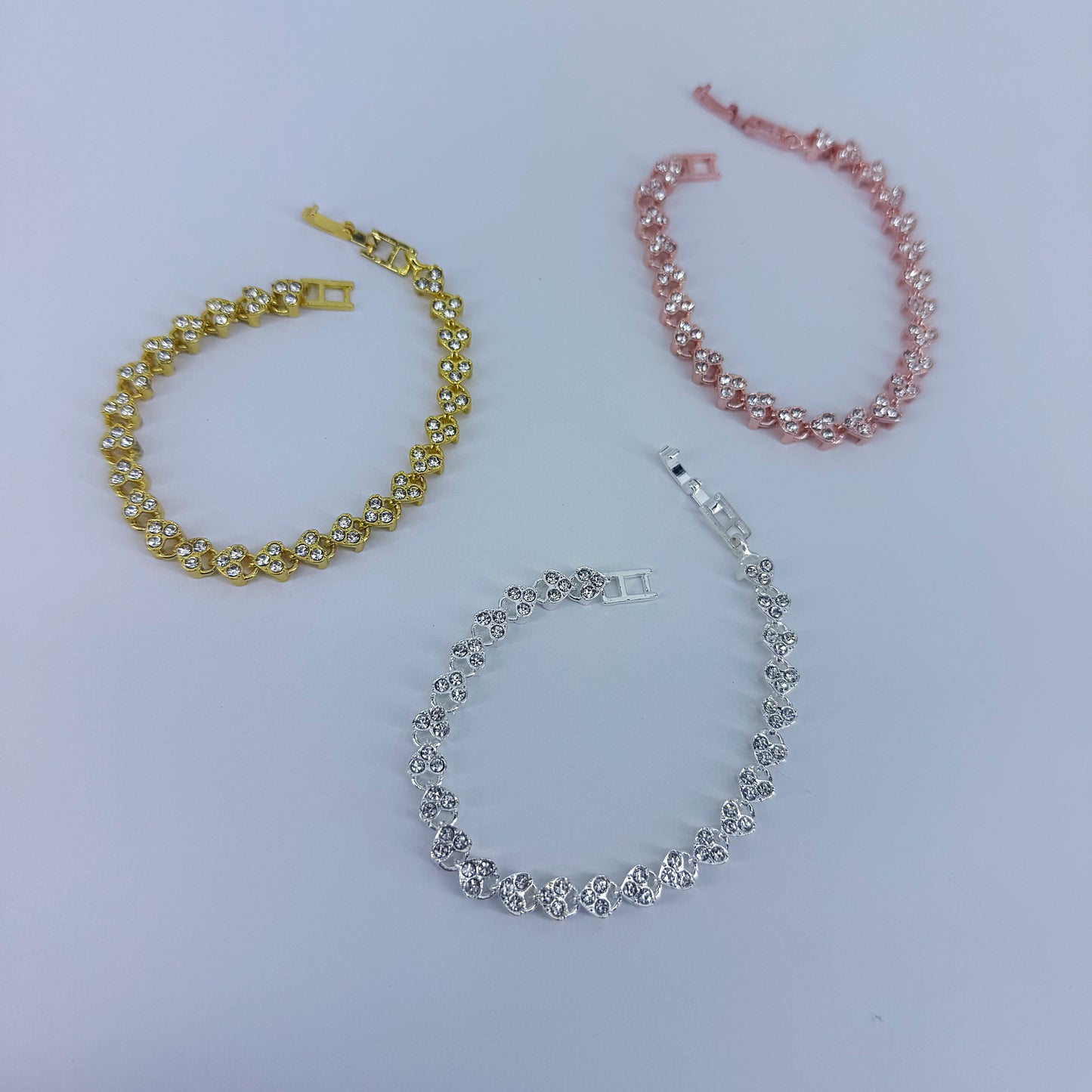 Triple Heart Chain Rhinestone Bracelets In Gold, Silver, or Rose Gold
