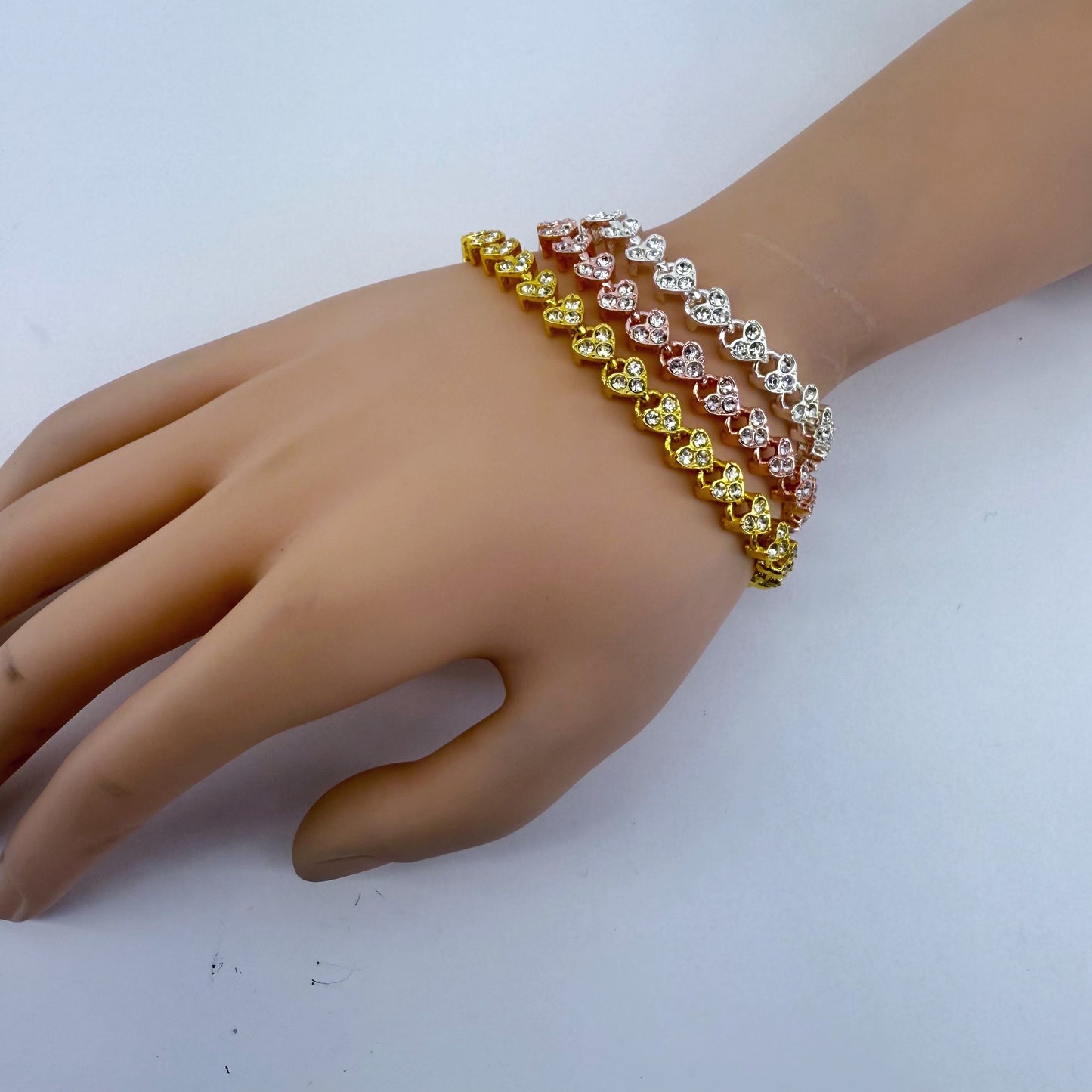 Triple Heart Chain Rhinestone Bracelets In Gold, Silver, or Rose Gold