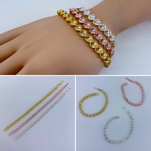 Triple Heart Chain Rhinestone Bracelets In Gold, Silver, or Rose Gold