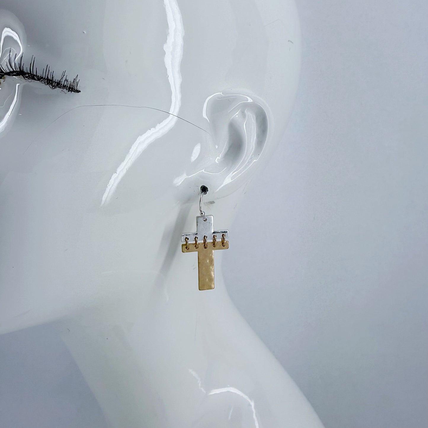Silver Finish Fish Hook Two Tone Or Silver Earring With Cross Design Dangle