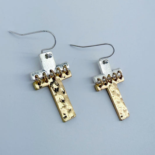 Silver Finish Fish Hook Two Tone Or Silver Earring With Cross Design Dangle