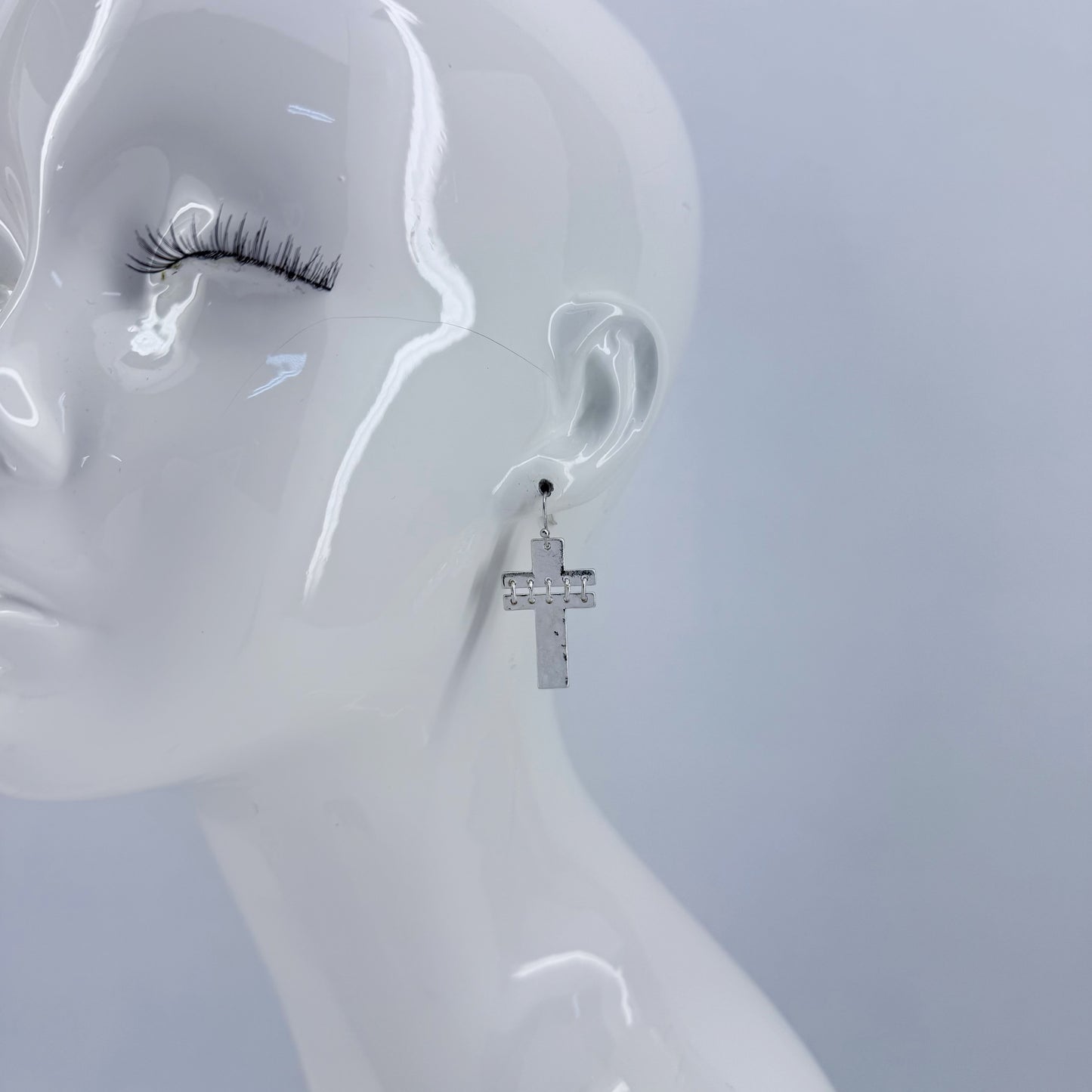 Silver Finish Fish Hook Two Tone Or Silver Earring With Cross Design Dangle