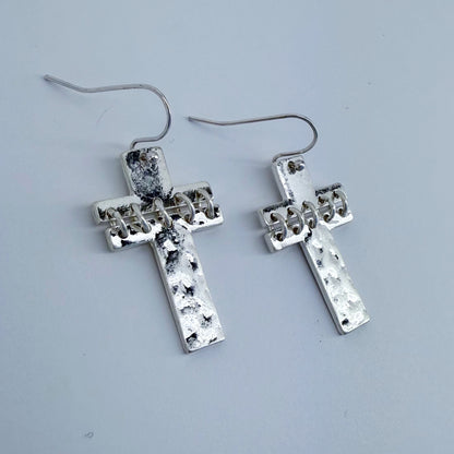 Silver Finish Fish Hook Two Tone Or Silver Earring With Cross Design Dangle