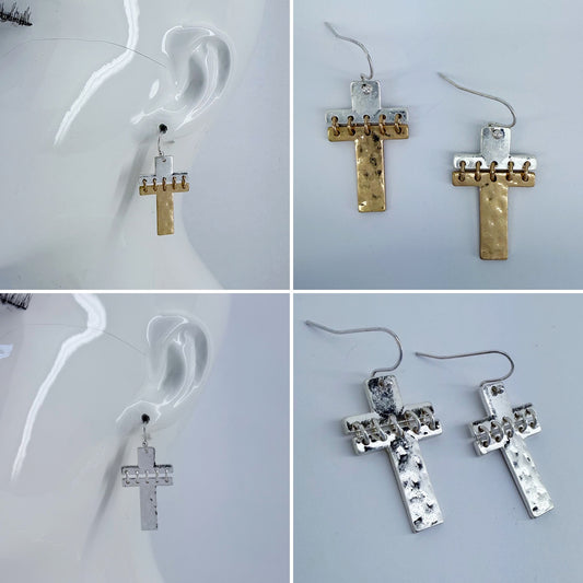 Silver Finish Fish Hook Two Tone Or Silver Earring With Cross Design Dangle
