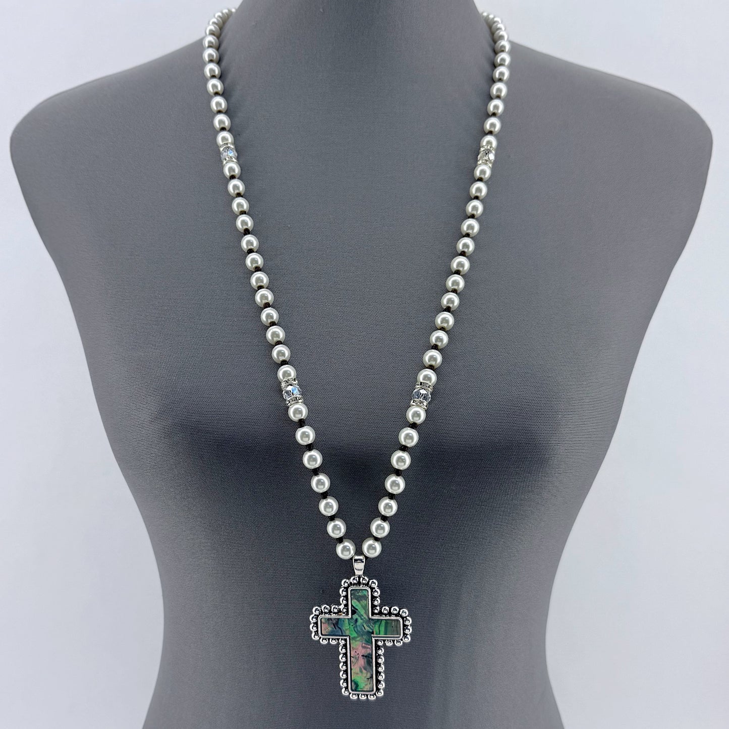 Long Pearls Necklace With Abalone Garden Cross Pendant