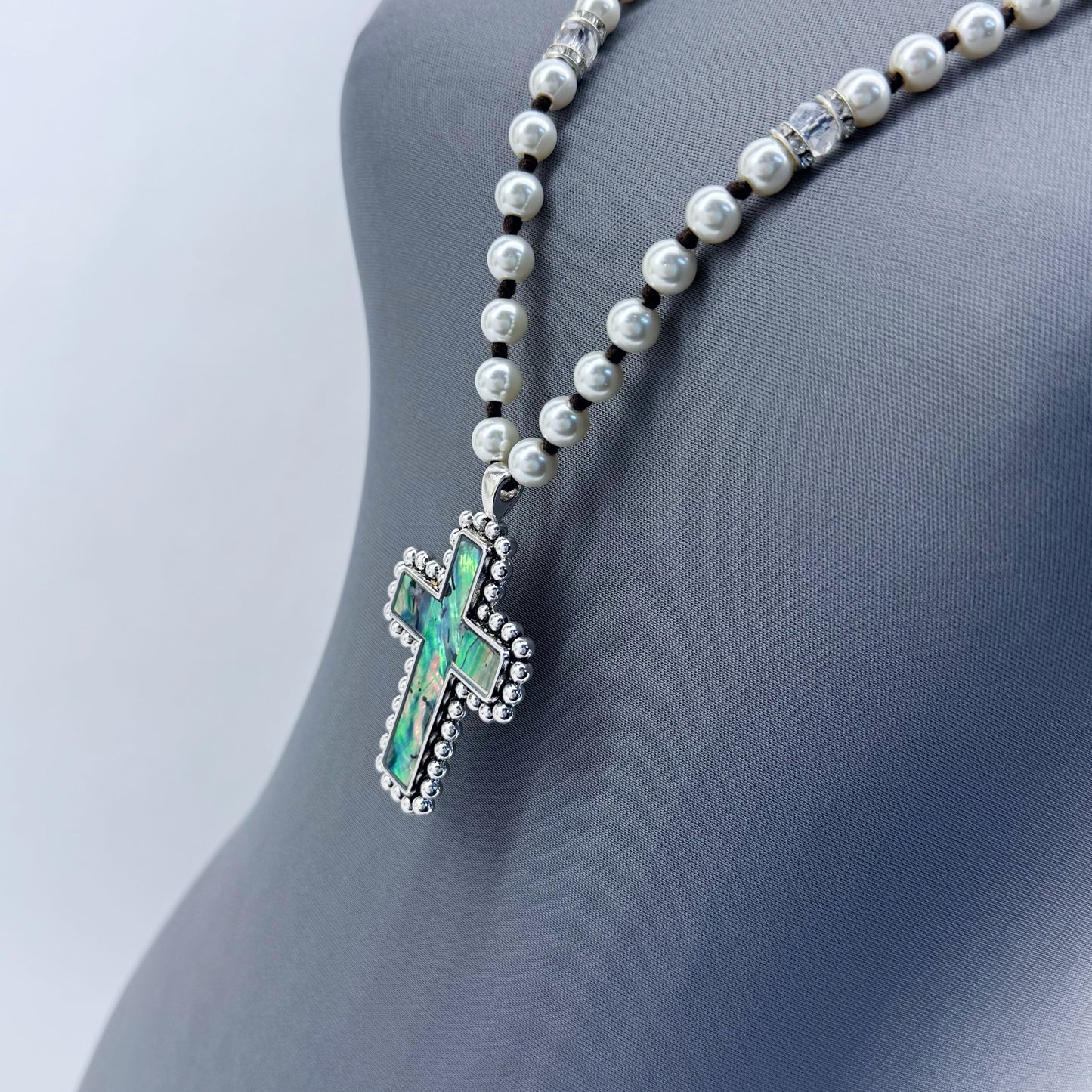 Long Pearls Necklace With Abalone Garden Cross Pendant