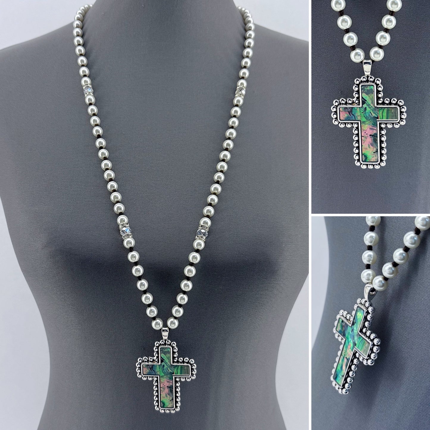Long Pearls Necklace With Abalone Garden Cross Pendant